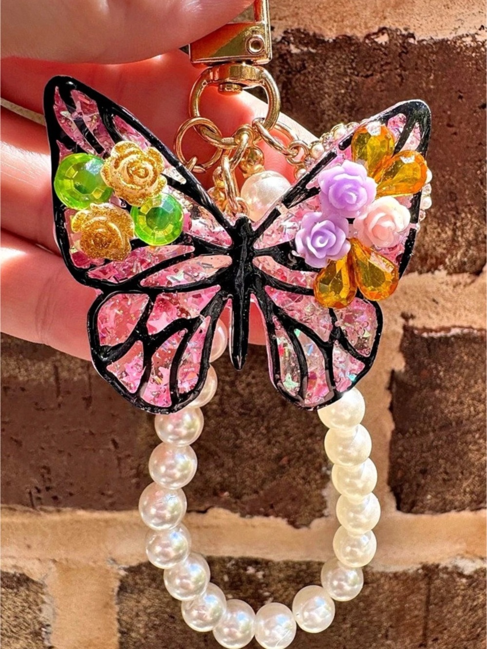 Butterfly Pearl Loop Keychain in Pink & Gold